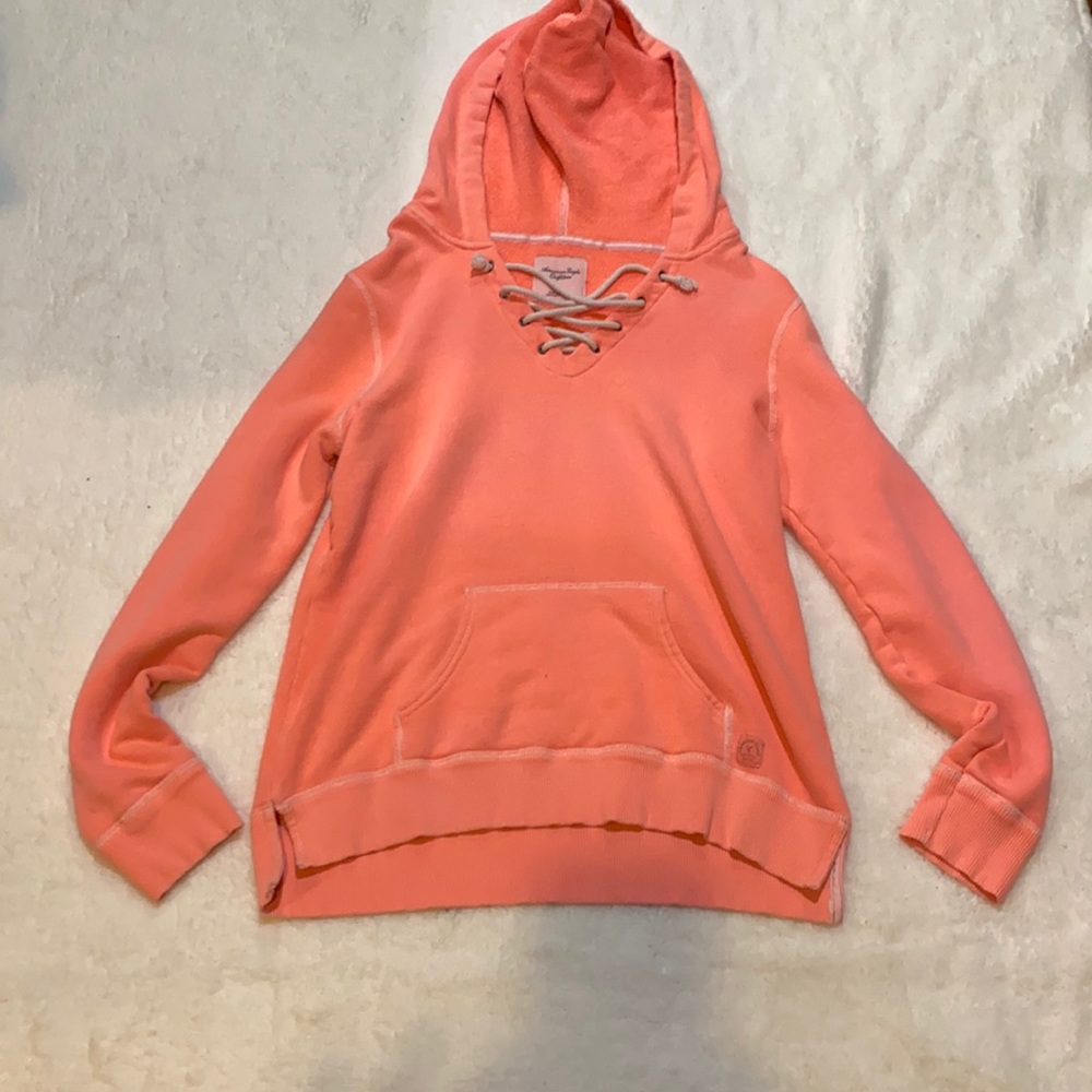 American Eagle half lace front pullover hoodie. Coral, large.